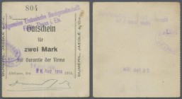 Deutschland - Notgeld - Elsass-Lothringen: Altthann, Oberelsass, Duméril, Jaeglé & Cie., 2 Mark, Stempel ”14. Aug. 1914”, darunter Stempel ”28. Aug. 1...