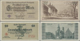 Deutschland - Notgeld - Württemberg: Stuttgart, Stadt, 6 x 50 Pf., 5, 20 Mark, 1918, 100, 2 x 500 Mark, 1922, Erh. I - II, 9 Scheine von 1 Mio. bis 50...