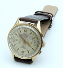 PRYNGERES. Cronografo. Movimento a carica manuale. Cassa marcata oro 18kt con diametro da 39mm. Dial bianco con indici laminati in oro. Funzione crono...