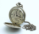 Orologio da tasca Russo Molnija. Cassa in acciaio con diametro da 49mm. Ore e minuti al centro, secondi in piccolo al 9. Stilizzazioni di San Giorgio ...