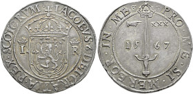 The Geoffrey Cope Collection of British Coins. Scotland, James VI. 1567-1625. 

AR Ryal – Sword Dollar (42.5mm, 30.66 g, 10h). First coinage. Edinbu...
