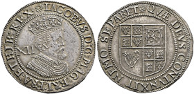The Geoffrey Cope Collection of British Coins. James I. 1603-1625.

Proof AR Shilling (31mm, 5.96 g, 5h). Third coinage. London mint; im: rose. Stru...