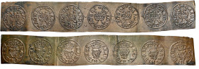 The Geoffrey Cope Collection of British Coins. Charles I.

Copper strip struck with seven farthings (127x21mm, 6.25 g, 12h). ‘Richmond’ issue. Im: r...