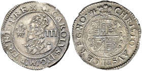 The Geoffrey Cope Collection of British Coins. Charles I.

AR Threepence (19mm, 1.51 g, 8h). Aberystwyth mint; im: open book. Struck 1638/9-1642. Cr...