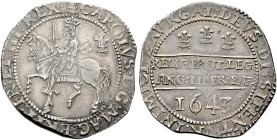 The Geoffrey Cope Collection of British Coins. Charles I.

AR Halfcrown (34mm, 14.70 g, 2h). Declaration type. Oxford mint; im: plumes. Dated 1643. ...