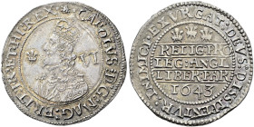 The Geoffrey Cope Collection of British Coins. Charles I.

AR Sixpence (26mm, 3.14 g, 5h). Declaration type. Oxford mint; im: book/-. Dated 1643. Cr...