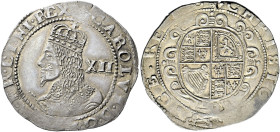 The Geoffrey Cope Collection of British Coins. Charles I.

AR Shilling (32mm, 5.77 g, 1h). Exeter mint; im: rose. Struck 1643-1646. Crowned bust lef...