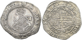 The Geoffrey Cope Collection of British Coins. Charles I.

AR Sixpence (26.5mm, 3.07 g, 10h). Exeter mint; im: rose. Dated 1644. Crowned bust left; ...