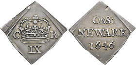 The Geoffrey Cope Collection of British Coins. Newark. 1645-1646. 

AR Ninepence (31.5mm, 4.29 g, 12h), Newark beseiged. In the name of Charles I. D...