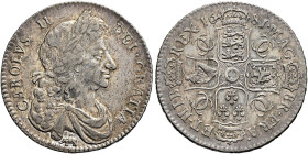 The Geoffrey Cope Collection of British Coins. Charles II. 1660-1685.

AR Halfcrown. Dated 1681 and RY T. TERTIO. Fourth bust, elephant & castle bel...