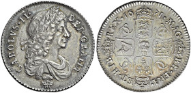 The Geoffrey Cope Collection of British Coins. Charles II. 1660-1685.

AR Shilling. Dated 1671. Second bust, plume below. Plume at center of reverse...