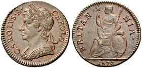 The Geoffrey Cope Collection of British Coins. Charles II. 1660-1685.

CU Farthing. Dated 1672. Peck 519; SCBC 3394 (this coin illustrated).
Toned ...