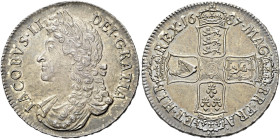 The Geoffrey Cope Collection of British Coins. James II. 1685-1688. 

AR Crown. Dated 1687 and RY TERTIO. Second bust. Bull 743; ESC 78; SCBC 3407....