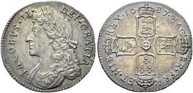 The Geoffrey Cope Collection of British Coins. James II. 1685-1688.

AR Shilling. Dated 1687/6. Bull 769; ESC 1072; SCBC 3410.
Die breaks reverse. ...