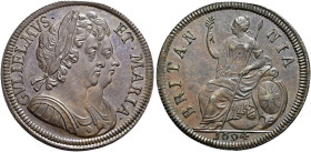 The Geoffrey Cope Collection of British Coins. William III & Mary. 1688-1694. 

Proof CU Halfpenny. Dated 1694. Edge: plain. Peck 612; cf. SCBC 3452...