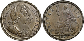 The Geoffrey Cope Collection of British Coins. William III & Mary. 1688-1694.

Proof CU Halfpenny. Dated 1694. Edge: plain. Peck 613; cf. SCBC 3452....