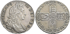 The Geoffrey Cope Collection of British Coins. William III. 1694-1702. 

AR Halfcrown. Bristol mint. Dated 1697 B and RY NONO. Large shields and lat...