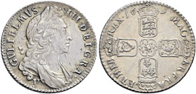 The Geoffrey Cope Collection of British Coins. William III. 1694-1702. 

AR Shilling. York mint. Dated 1697 У. First bust. Bull 1196; ESC 1100; SCBC...