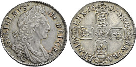 The Geoffrey Cope Collection of British Coins. William III. 1694-1702. 

AR Shilling. Chester mint. Dated 1697 C. Third bust. Large lettering. Bull ...