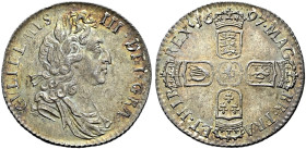 The Geoffrey Cope Collection of British Coins. William III. 1694-1702. 

AR Sixpence. Dated 1697. Third bust. Late harp, large crowns. Bull 1233; ES...