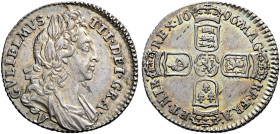 The Geoffrey Cope Collection of British Coins. William III. 1694-1702. 

AR Sixpence. York mint. Dated 1696 У. First bust. Early harp, large crowns....