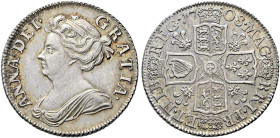 The Geoffrey Cope Collection of British Coins. Anne. 1702-1714. 

AR Shilling. Dated 1708. Post-Union issue. Third bust. Plumes in angles. Bull 1400...