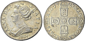 The Geoffrey Cope Collection of British Coins. Anne. 1702-1714. 

AR Sixpence. Dated 1703 VIGO. Pre-Union issue. Bull 1446; ESC 1582; SCBC 3590.
Go...