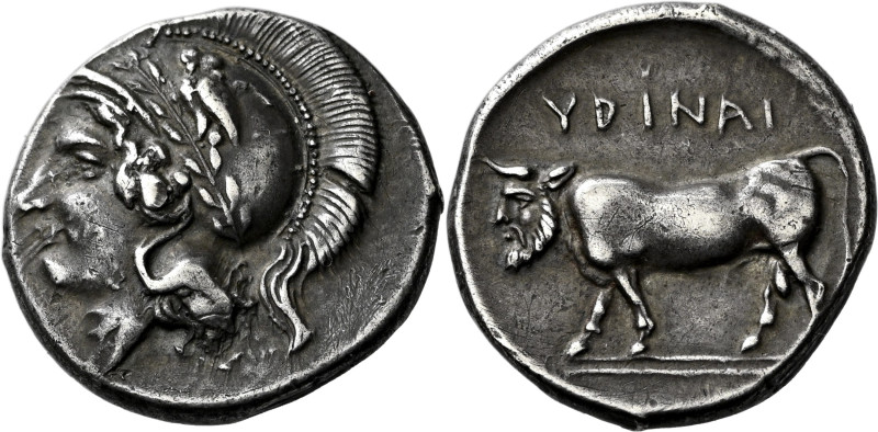 Hyria.

Didrachm circa 405-400, AR 20 mm, 7.09 g. Head of Athena l., wearing w...