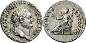 Titus caesar, 69 – 79. 

Denarius 75, AR 19 mm, 3.08 g. T CAESAR – IMP VESPASIAN Laureate head r. Rev. PONTIF – TR P COS IIII Pax seated l., holding...