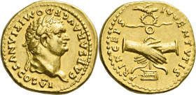 Domitian caesar, 69 – 81. 

Aureus circa 79, AV 20 mm, 7.09 g. CAESAR AVG F DOMITIANVS COS VI Laureate head r. Rev. PRINCEPS – IVVENTVTIS Two claspe...