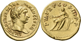 Trajan 98 – 117. 

Aureus 100, AV 20 mm, 7.40 g. IMP CAES NERVA TRA – IAN AVG GERM Laureate bust r., with aegis. Rev. P M TR P COS III P P Germania ...
