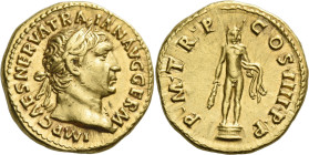Trajan 98 – 117. 

Aureus 101-102, AV 19 mm, 7.38 g. IMP CAES NERVA TRAIAN AVG GERM Laureate head r., with drapery on l. shoulder. Rev. P M TR P – C...