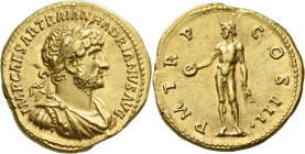 Hadrian augustus, 117 – 138.

Aureus 119-122, AV 20 mm, 7.40 g. IMP CAESAR TRAIAN HADRIANVS AVG Laureate, draped and cuirassed bust r. Rev. P M TR P...