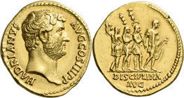 Hadrian augustus, 117 – 138. 

Aureus 134-138, AV 20 mm, 7.28 g. HADRIANVS – AVG COS III P P Bare head r. Rev. Hadrian advancing r., followed by thr...