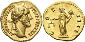 Antoninus Pius augustus, 138 – 161.

Aureus 148–149, AV 19 mm, 7.27 g. ANTONINVS AVG – PIVS P P TR P XII Laureate head r. Rev. C – OS – IIII Aequita...