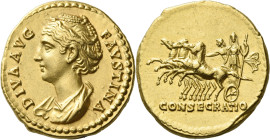 Faustina I, wife of Antoninus Pius. 

Diva Faustina. Aureus after 141, AV 19 mm, 7.31 g. DIVA AVG – FAVSTINA Draped bust l. with hair waved and coil...