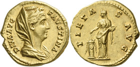 Faustina I, wife of Antoninus Pius. 

Diva Faustina. Aureus after 141, 19 mm, 7.45 g. DIVA AVG – FAVSTINA Veiled and draped bust r., hair waved and ...