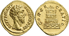 Marcus Aurelius augustus, 161 – 180.

Divus Marcus Aurelius. Aureus after 180, AV 21 mm, 7.11 g. DIVVS M ANT – ONINVS PIVS Bare head r. Rev. CONSE –...