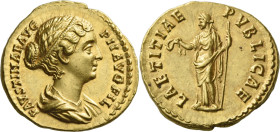 Faustina II, daughter of Antoninus Pius and wife of Marcus Aurelius. 

Aureus 147-152, AV 21 mm, 7.22 g. FAVSTINAE AVG – PII AVG FIL Draped bust r.,...