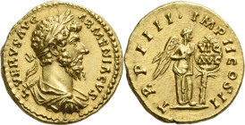 Lucius Verus, 161 – 169.

Aureus 163-164, AV 19 mm, 7.30 g. L VERVS AVG – ARMENIACVS Laureate, draped and cuirassed bust r. Rev. TR P IIII·IMP II CO...