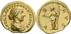 Lucilla, wife of Lucius Verus.

Aureus 164-169 or later, AV 21 mm, 7.24 g. LVCILLAE AVG ANTONINI AVG F Draped bust r. Rev. V – E – NVS Venus standin...