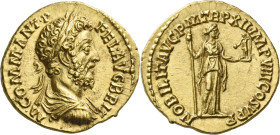 Commodus augustus, 177 – 192. 

Aureus circa 186-187, AV 21 mm, 7.17 g. M COMM ANT P – FEL AVG BRIT Laureate, draped and cuirassed bust r. Rev. NOBI...