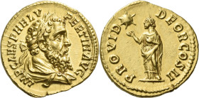 Pertinax, 1st January - 28th March 193. 

Aureus circa 193, AV 20 mm, 7.21 g. IMP CAES P HELV – PERTIN AVG Laureate and draped bust r. Rev. PROVID –...