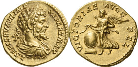 Septimius Severus, 193 – 211.

Aureus 198-200, AV 19 mm, 7.20 g. L SEPT SEV AVG IMP – XI PART MAX Laureate, draped and cuirassed bust r. Rev. VICTOR...