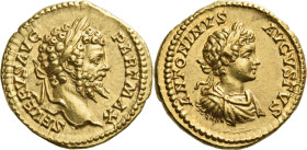 Septimius Severus, 193 – 211.

Aureus 201, AV 20 mm, 7.15 g. SEVERVS AVG – PART MAX Laureate head r. Rev. ANTONINVS – AVGVSTVS Laureate, draped and ...