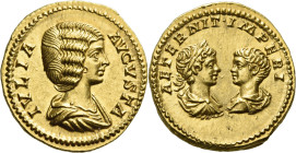 Julia Domna, wife of Septimius Severus.

Aureus 201, AV 20 mm, 7.14 g. IVLIA – AVGVSTA Draped bust r. Rev. AETERNIT IMPERI Confronted busts of Carac...