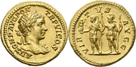 Caracalla augustus, 198 – 217. 

Aureus 203, AV 20 mm, 7.30 g. ANTON P AVG PON – TR P VI COS Laureate bust r., with aegis. Rev. VIR – TVS – AVGG Car...