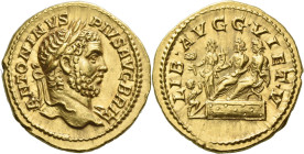 Caracalla augustus, 198 – 217.

Aureus 211, AV 20 mm, 7.37g. ANTONINVS PIVS AVG BRIT Laureate bust r. , wearing aegis. Rev. LIB AVGG VI ET V Geta an...