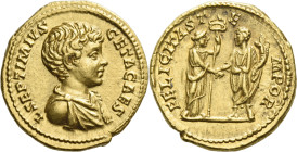 Geta caesar, 198 – 209.

Aureus 198-200, AV 20 mm, 7.29 g. L SEPTIMIVS – GETA CAES Bare-headed and draped bust r. Rev. FELICITAS T – E – MPOR Felici...