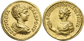 Geta caesar, 198 – 209.

Aureus 200, AV 20 mm, 7.31 g. P SEPT GETA – CAES PONT Bare-headed, draped and cuirassed bust r. Rev. SEVERI INVICTI AVG PII...